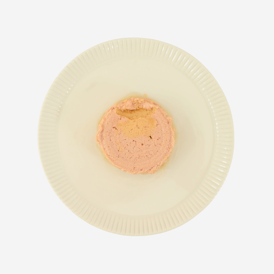 開這罐【鱷魚鮮雞】泌尿保健 白藜蘆醇機能主食罐 80g的肉泥呈現於白色盤子上。